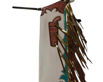 Handmade Tooled Leather Rodeo Chaps: Turquoise & Gold Fringe Cowboy Chinks