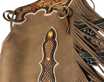Hand Tooled Leather Chinks: Floral Western Riding Chaps with Fringe Gear