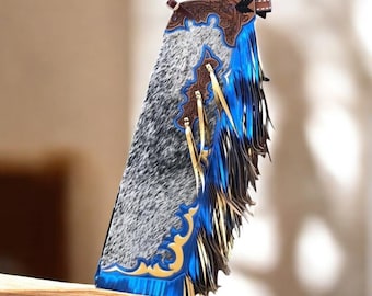 Custom Hair-On Tooled Cowhide Leather Chaps: Western Ranch & Rodeo Gear Unisex chinks