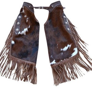 Custom Hair-On Cowhide Leather Chinks | Western Riding Chaps | Handmade Ranch Rodeo Trail Riding Gear for Cowboy & Cowgirl