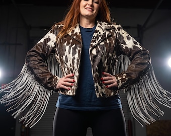 Rindslederjacke, Westernmantel aus echtem Leder mit Fransen und Fellbesatz