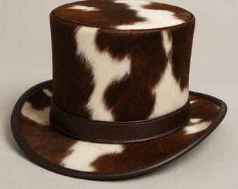 Handmade Hair-On Cowhide Leather Top Hat: Western Steampunk Style