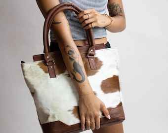 Handmade Cowhide Leather Tote Bag: Western Hair-On Cow Print Purse