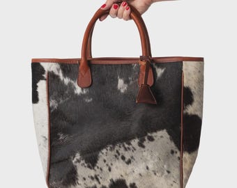 Handmade Cowhide Leather Tote Bag: Western Hair-On Cow Print Purse