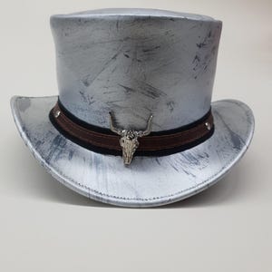 Handmade silver Steampunk Top Hat with Bull Skull, Gothic Victorian Hat, Burning Man Fashion , Costume Hat for Him& Her