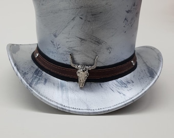Handmade Leather Steampunk Top Hat with Bull Skull: Gothic Burning Man Fashion
