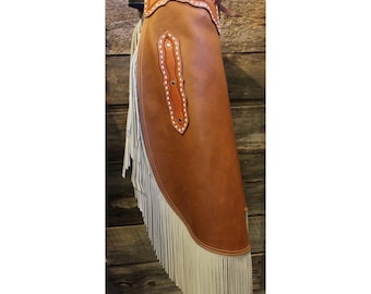 Handmade Leather Buck-stitch Chinks with Fringe – Western Rodeo Cowboy Chaps – Custom Tooled Ranch Gear.