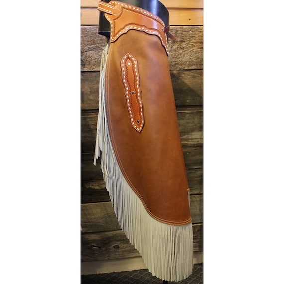 Handmade Leather Buck-stitch Chinks with Fringe – Western Rodeo Cowboy Chaps – Custom Tooled Ranch Gear.