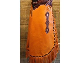 Handmade Leather Chinks: Western Rodeo Cowboy Chaps with Fringe