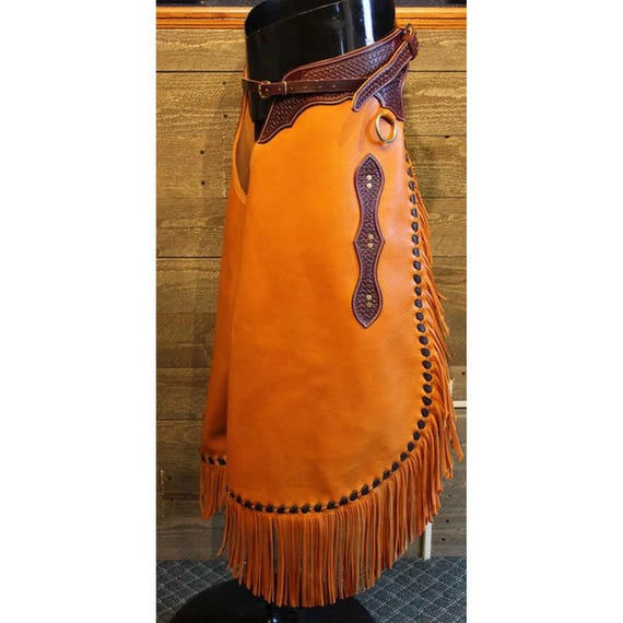 Handmade Leather Chinks: Western Rodeo Cowboy Chaps with Fringe
