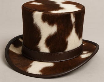Handmade Hair-On Cowhide Leather Top Hat: Western Steampunk Style