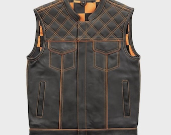 Chaleco de motociclista de cuero negro para hombre: chaleco de moto con costuras