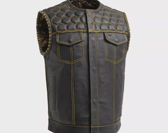 Chaleco de motociclista de cuero negro para hombre: chaleco de motociclista