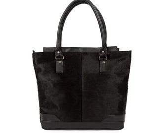Handmade Black Hair-On Cowhide Tote Bag: Western Style Leather Purse