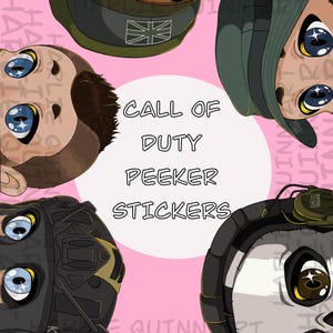 Puede incluir: Fondo rosa con ilustraciones de dibujos animados de personajes de Call of Duty. El texto "CALL OF DUTY PEEKER STICKERS" está en el centro. Las ilustraciones incluyen personajes con cascos y equipo.