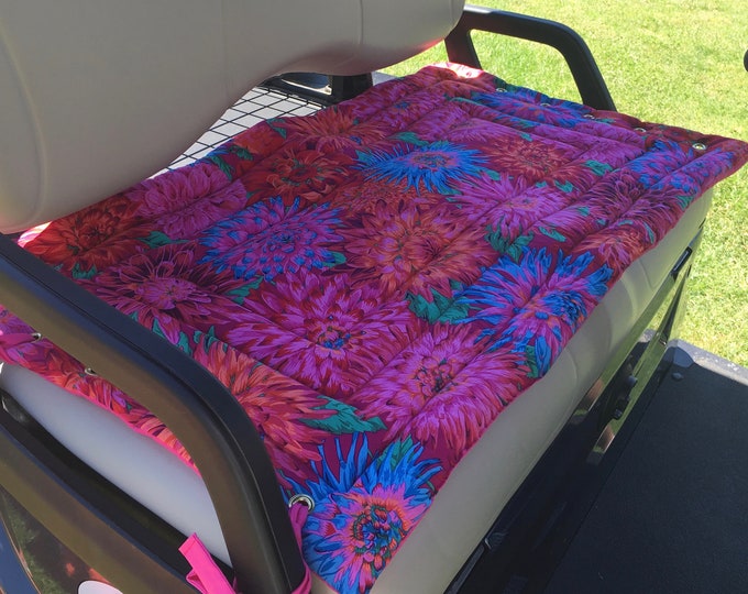 Reversible Floral Print Golf Cart Seat Cover. Featuring Pink and Orange