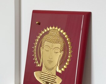 Golden Buddha Wall Frame, Meditative Serenity, Wood Base Art