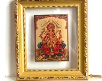 24K Gold Ganesha Portrait – Hindu Home Temple Decor, Framed