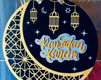 Interchangeable Ramadan/Eid Sign: Islamic Home Decor, Crescent Moon & Lanterns