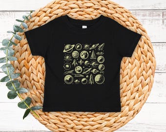 T-shirt rétro pour enfants : planètes, astronautes, fusées