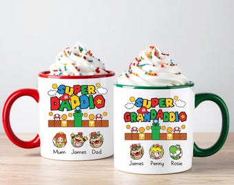 Super Daddio, Grandaddio, Brother Mario mug Father's day Birthday gift Personalised names , other colours