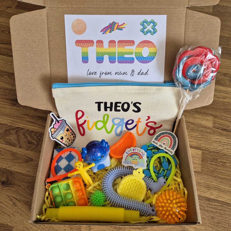 Personalised Kids Fidget Sensory Toys Gift Box With Personalised Zipped ...