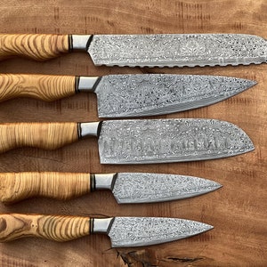 Handmade Chef Set - Damascus Steel Kitchen Knives with Wooden handle and Leather Sheath