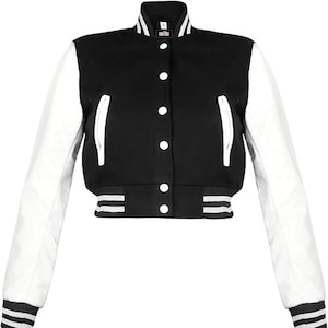 Cropped Varsity Jacket Baseball Letterman Jackets Wool Body Genuine Leather Sleeves Bomber College American Style Jacket