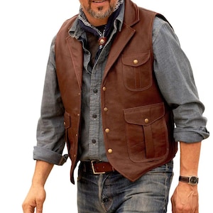 Men&#39;s Cowhide Leather Western Vest: Vintage Brown Waistcoat