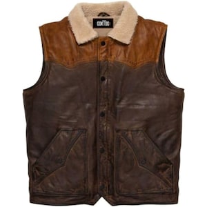 Men&#39;s Western Style Leather Vest, Leather Sherpa Vest men, Sherpa Lined Western Vest, Western Brown Leather Vest men