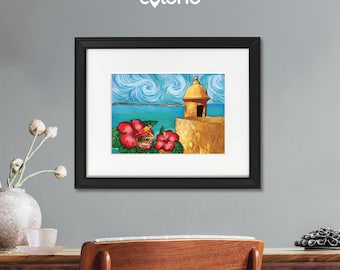San Juan Bay Art Print: Puerto Rico Coquí Frog & Maga Flower (not framed)