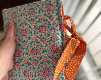 Handmade Fabric Book Sleeve: Teal Floral Cover with Orange Polka Dot Tie