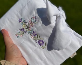 Floral Embroidered Bible Sleeve – Padded Cotton Bible Cover with Tie Closure – Handmade Christian Gift