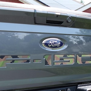 May include: A gray Ford F-150 truck tailgate featuring a blue and silver Ford emblem centered above the F-150 model lettering. The F-150 letters are filled with a multi-colored camouflage pattern in shades of green, brown, and black.