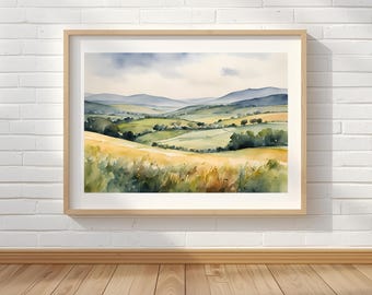 British Countryside Watercolor Painting: Landscape Art Print, Framed Canvas