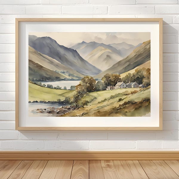 Acuarela del Distrito de los Lagos: Impresión artística de la campiña británica