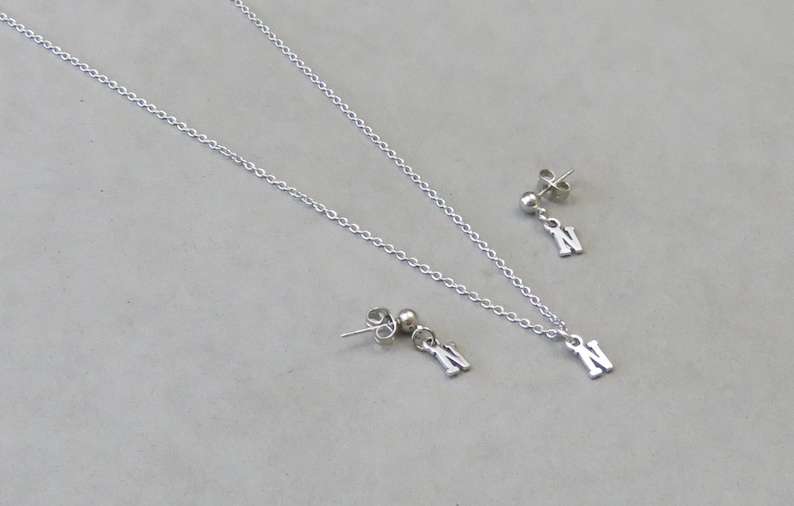 Gold or Silver Plated Tiny Initial N Necklace and Earring Set