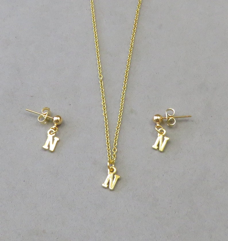 Gold or Silver Plated Tiny Initial N Necklace and Earring Set