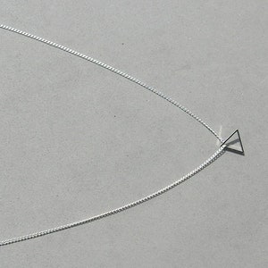 May include: A silver chain necklace with a small, simple triangle pendant.