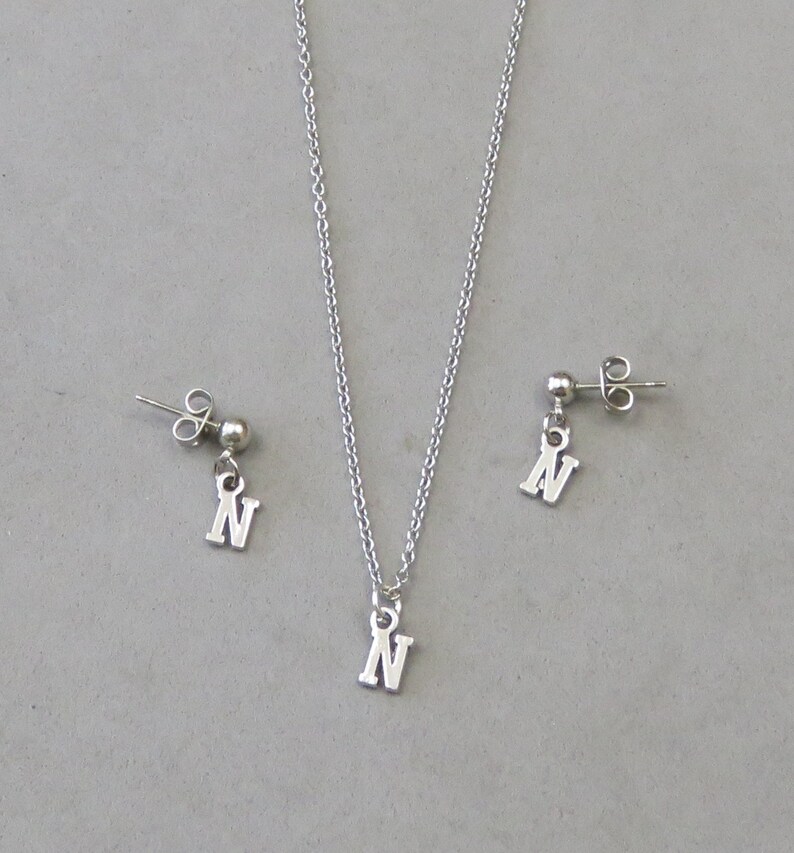 Gold or Silver Plated Tiny Initial N Necklace and Earring Set