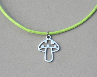 Stainless Steel Mushroom Pendant Necklace: 7 Cotton Cord Colors