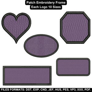 May include: Embroidered patches in heart, oval, octagon, and rectangular shapes. Each has a purple fill and a black border. The text at the top reads "Patch Embroidery Frame" and "Each Logo 10 Sizes".