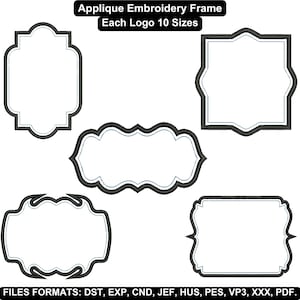 Puede incluir: Una colección de cinco marcos de bordado de apliques en varias formas, incluyendo diseños rectangulares, ovalados y festoneados. Cada marco tiene un interior blanco con un borde gris oscuro y un fino contorno azul. El texto "Applique Embroidery Frame Each Logo 10 Sizes" está en la parte superior.
