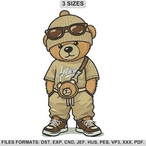 May include: Embroidered design of a brown teddy bear wearing sunglasses, a beanie, and a tan outfit. The bear has a crossbody bag with a bear-shaped pouch. The text "3 SIZES" is at the top, and "FILES FORMATS: DST, EXP, CND, JEF, HUS, PES, VP3, XXX, PDF." is at the bottom.