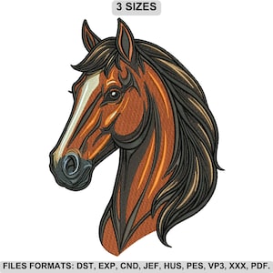 May include: An embroidered design of a horse's head in profile. The horse is brown with a white stripe on its face and black and orange detailing. The image includes the text "3 SIZES" and file format information.