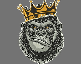 Haft z gorylem, logo z głową małpy w koronie, tatuaż ze zwierzęcym wzorem, grafika maskotki w stylu ulicznym, haft maszynowy, 3 rozmiary, natychmiastowe pobranie