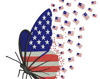 American Flag Butterfly Embroidery Design, Patriotic Machine Embroidery Pattern, 4th of July Embroidery File, 3 Sizes, Instant Download