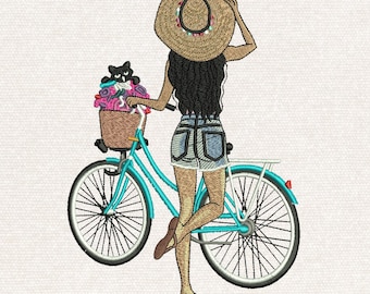 Archivo de bordado de niña con bicicleta, bordado de bicicleta, bordado de niña, mujer de verano en bicicleta con gato y flores, 3 tamaños, descarga instantánea