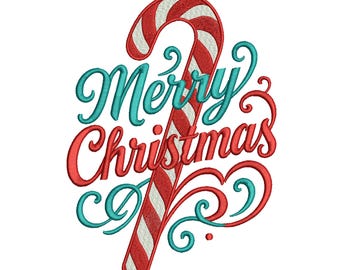 Merry Christmas Embroidery Design, Candy Cane Holiday Embroidery Pattern, Christmas Script Embroidery File, 3 Sizes, Instant Download