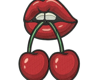 Cherry Lips Embroidery Design, Sexy Lips with Cherries Machine Embroidery Pattern, Red Lips Embroidery File, 3 Sizes, Instant Download